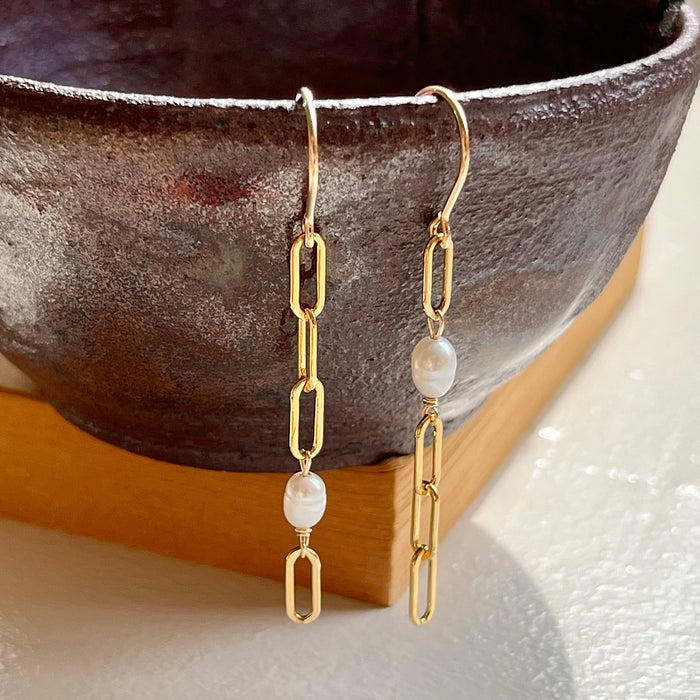 Gold Filled Freshwater Rice Pearl Paperclip Chain Drop Earrings