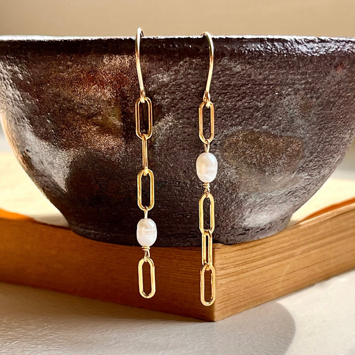 Gold Filled Freshwater Rice Pearl Paperclip Chain Drop Earrings