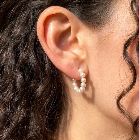 Freshwater pearl everyday minimalist gold filled small hoops on model