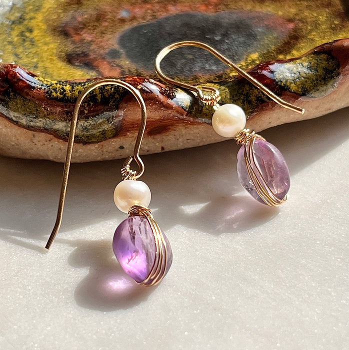 Gold Filled Wire Wrapped Amethyst and Freshwater Pearl Chubby Dangle Earrings