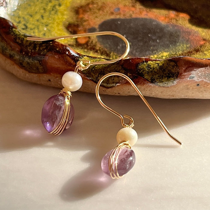 Gold Filled Wire Wrapped Amethyst and Freshwater Pearl Chubby Dangle Earrings