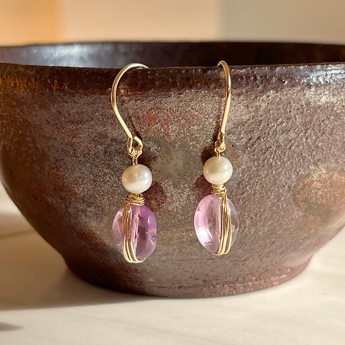 Gold Filled Wire Wrapped Amethyst and Freshwater Pearl Chubby Dangle Earrings