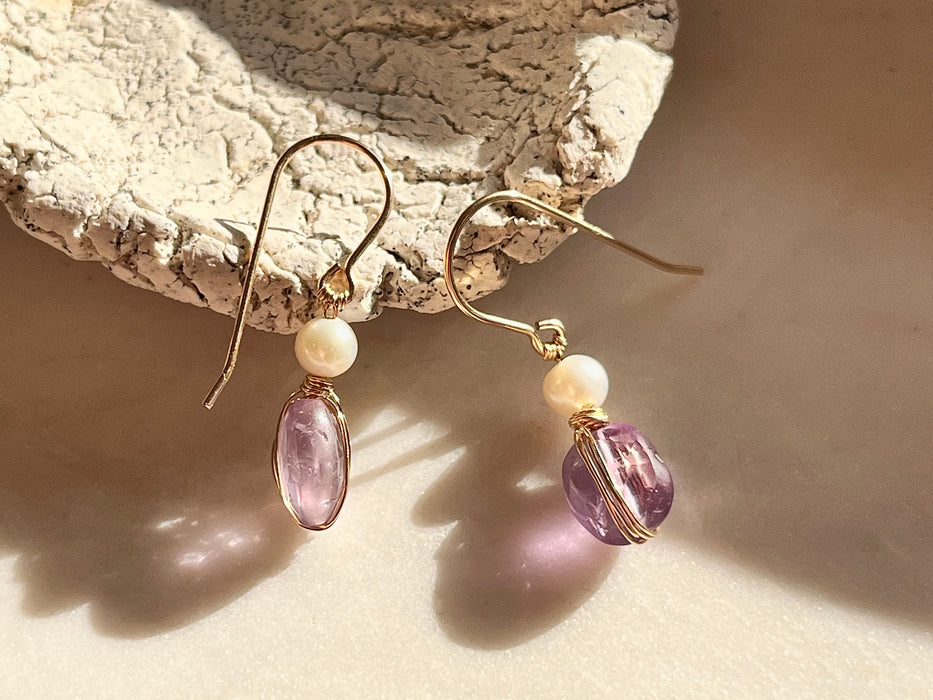Gold Filled Wire Wrapped Amethyst and Freshwater Pearl Chubby Dangle Earrings