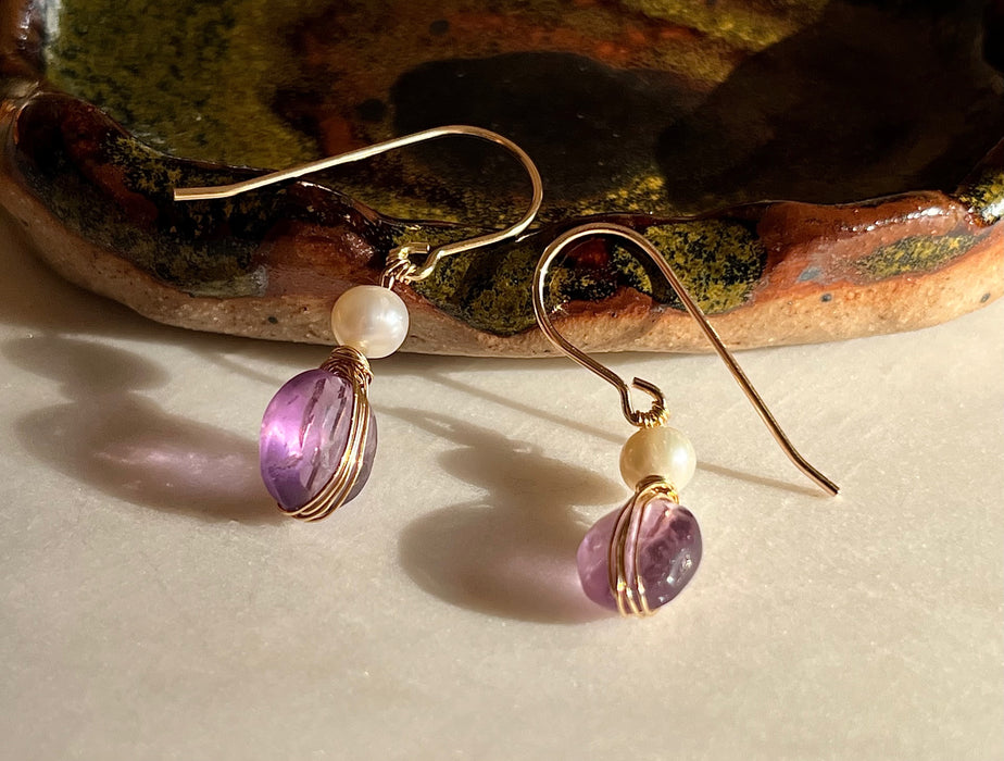 Gold Filled Wire Wrapped Amethyst and Freshwater Pearl Chubby Dangle Earrings