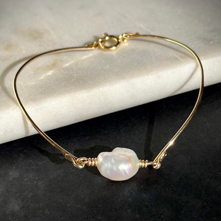Single Baroque Pearl Gold Filled Bangle Style Bracelet Front View