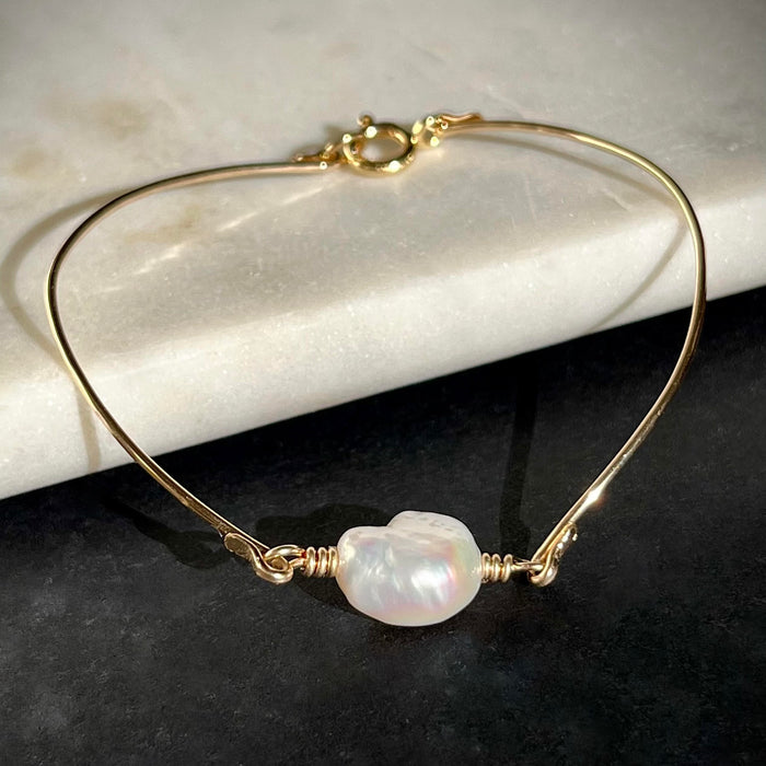 Single Baroque Pearl Gold Filled Bangle Style Bracelet Front View