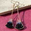 Handmade Gold Filled Sapphire and Black Spinel Fan Drop Earrings Dark Background