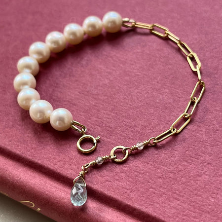 Handmade Freshwater Pearl Gold Filled Paperclip Chain Aquamarine Bracelet Front View