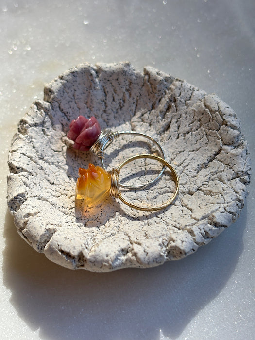 Carved pink crystal flower ring 14k sterling silver top down view