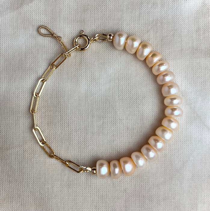 Handmade Gold Filled Half Chain Half Pink Pearl Bracelet Top View