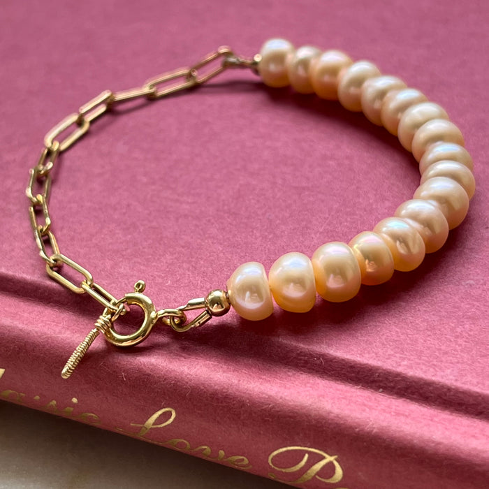 Handmade Gold Filled Half Chain Half Pink Pearl Bracelet Front Angle View