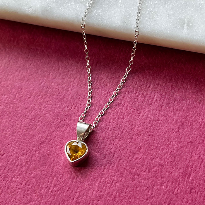 Vintage Citrine Sterling Silver Heart Pendant Necklace Front Angle View