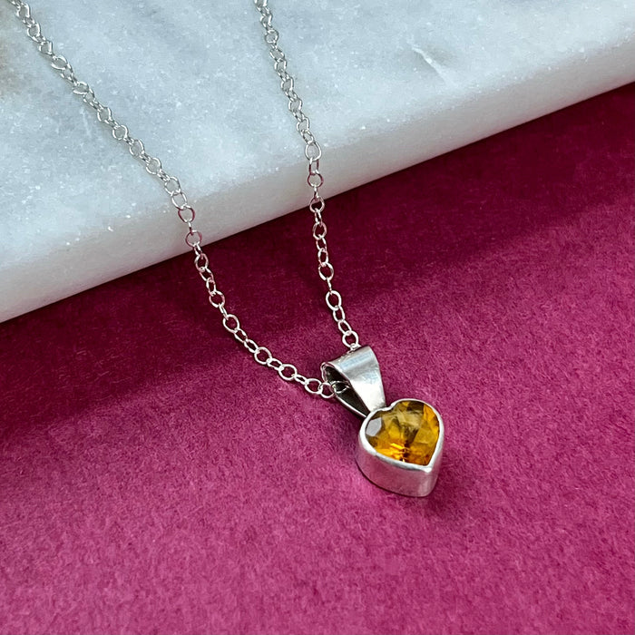 Vintage Citrine Sterling Silver Heart Pendant Necklace Side View