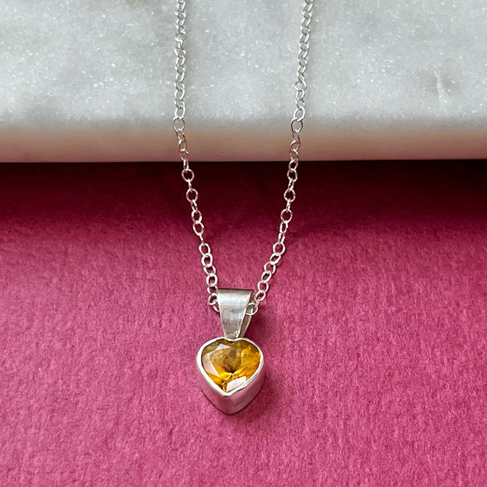 Vintage Citrine Sterling Silver Heart Pendant Necklace Top View