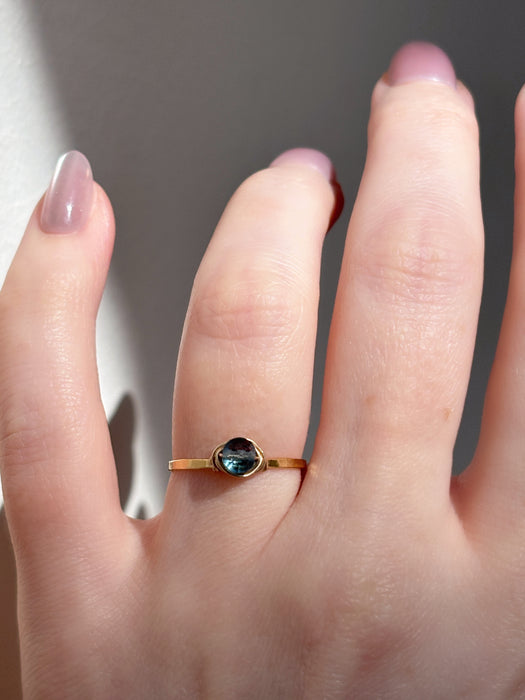 London blue topaz dainty wire wrapped bezel stacking ring gold filled on hand