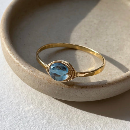 London blue topaz dainty wire wrapped bezel stacking ring gold filled close up