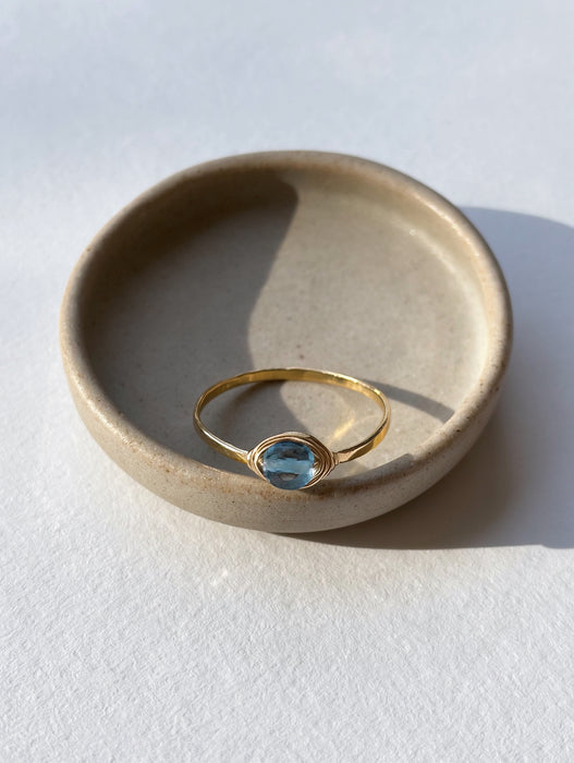 London blue topaz dainty wire wrapped bezel stacking ring gold filled