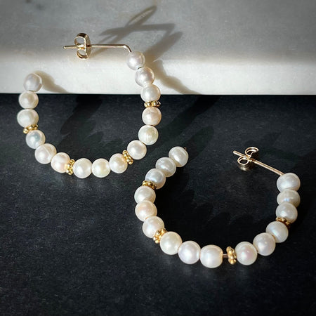 Handmade Gold Filled Freshwater Pearl Half Hoop Earrings Front View