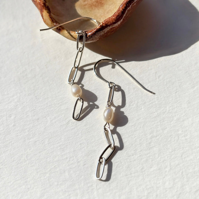 Asymmetrical paperclip chain freshwater pearl drop earrings sterling silver
