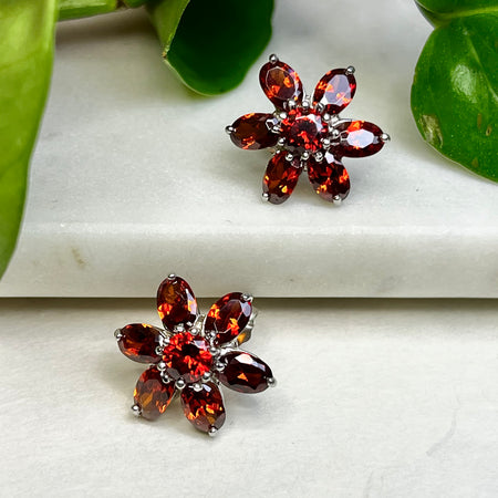 Vintage Sterling Silver Garnet Flower Stud Earrings Front View