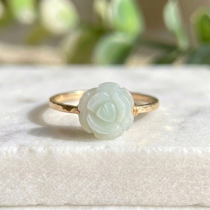 Carved pale green amazonite rose flower ring gold filled