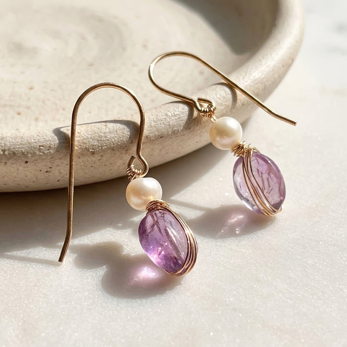 Amethyst and Pearl Dangle Earrings, 14k Gold Filled