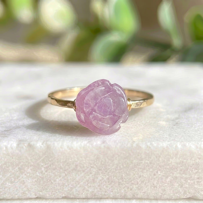 Carved lavender amethyst rose flower ring gold filled