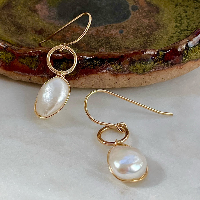 Gold Filled Wire Wrapped Chubby Baroque Pearl Drop Earrings