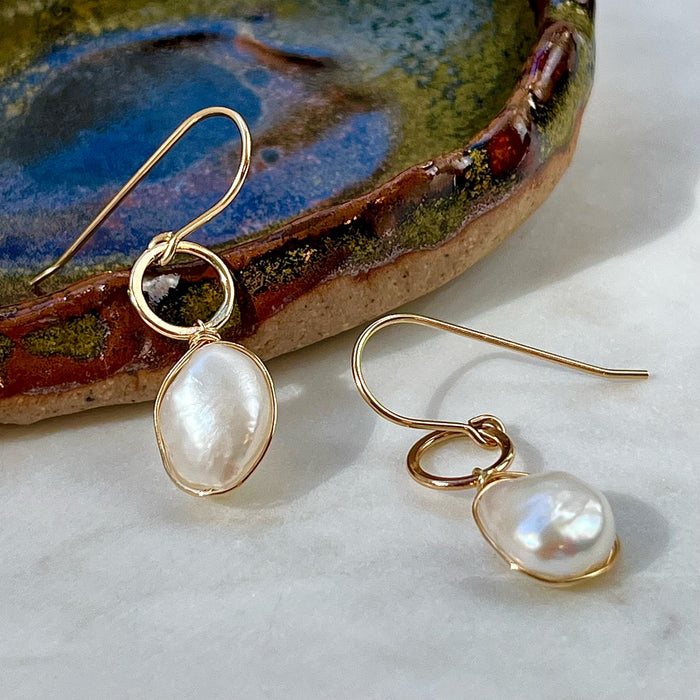 Gold Filled Wire Wrapped Chubby Baroque Pearl Drop Earrings