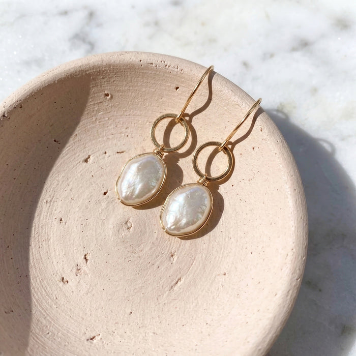 Chubby baroque pearl hammered 14k gold filled drop earrings alternate view
