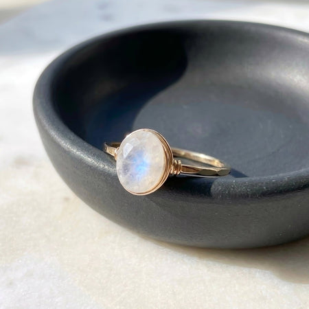 Blue flash moonstone floating oval wire wrapped ring gold filled