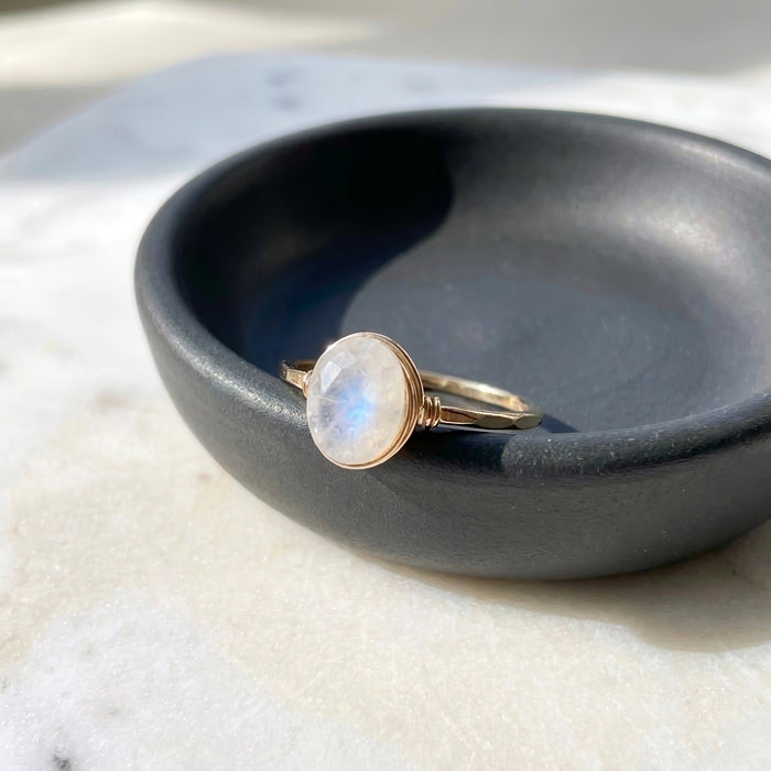 Blue flash moonstone floating oval wire wrapped ring gold filled