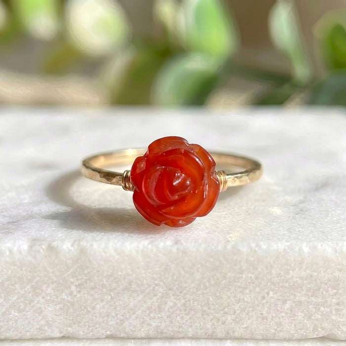 Carved orange carnelian rose flower ring gold filled