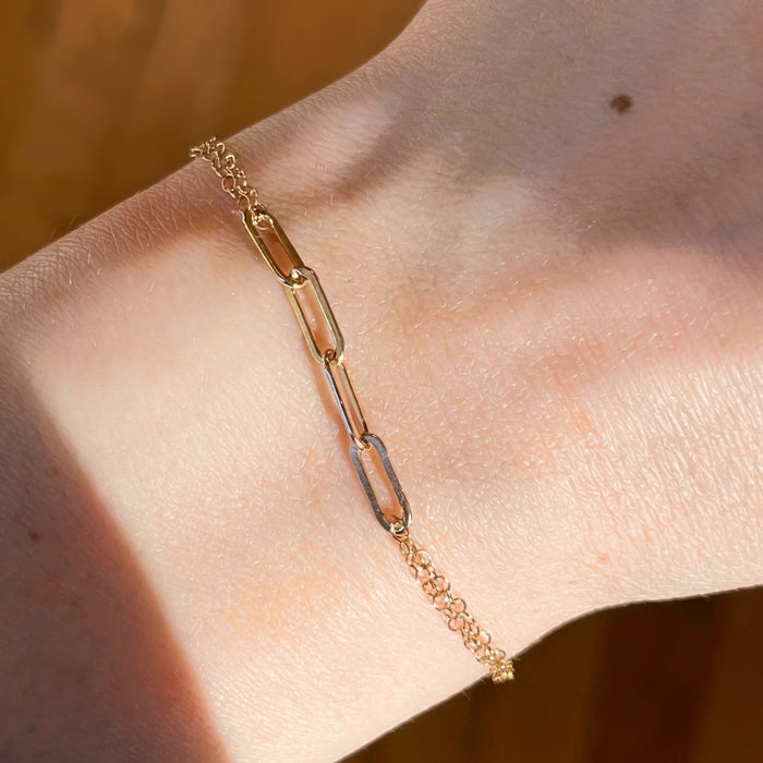 Handmade gold filled dainty paperclip chain bracelet four links of bold paperclip chain and dainty cable chain mixed chain everyday bracelet on model