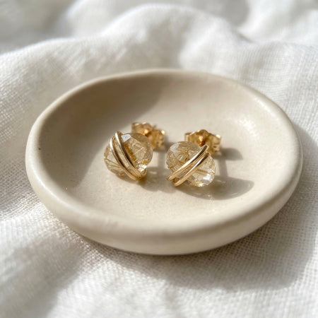 Gold rutilated quartz wrapped oval stud earrings 14k gold filled