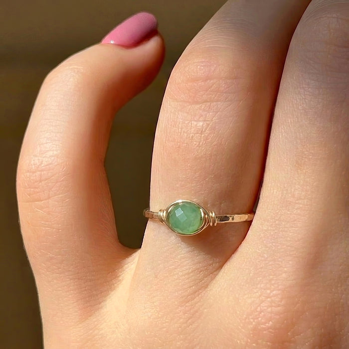 Dainty jade stacking ring gold filled on hand bright green rose cut jade wire wrapped setting
