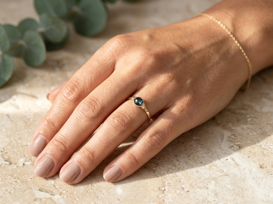 London blue topaz dainty wire wrapped bezel stacking ring gold filled on hand