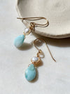 Larimar pearl teardrop gold boho drop earrings 14k gold filled close up