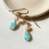 Larimar pearl teardrop gold boho drop earrings 14k gold filled