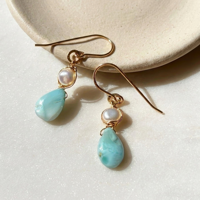 Larimar pearl teardrop gold boho drop earrings 14k gold filled