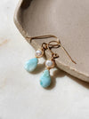 Larimar pearl teardrop gold boho drop earrings 14k gold filled alternate view