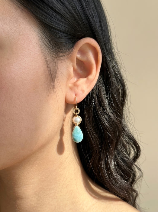 Larimar pearl teardrop gold boho drop earrings 14k gold filled on model