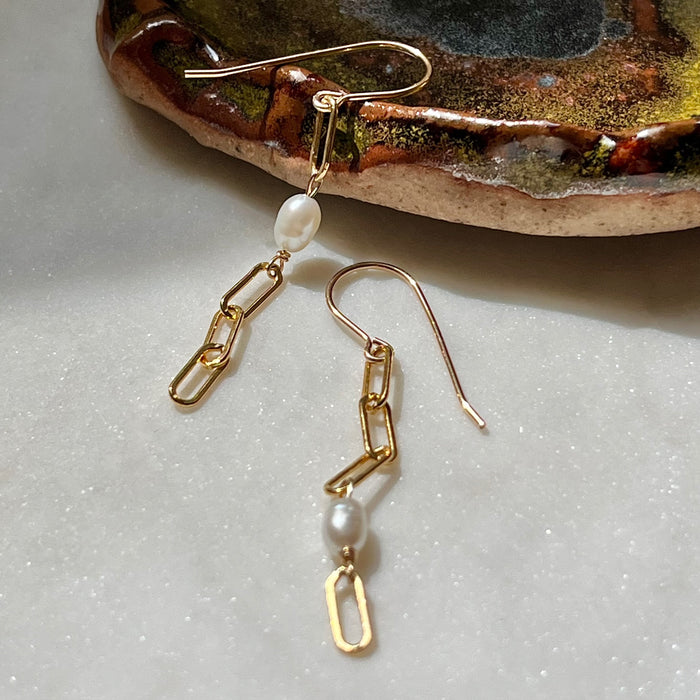 Gold Filled Freshwater Rice Pearl Paperclip Chain Drop Earrings