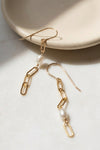 Paperclip chain and pearl mismatched drop earrings on model 14k gold filled alternate view