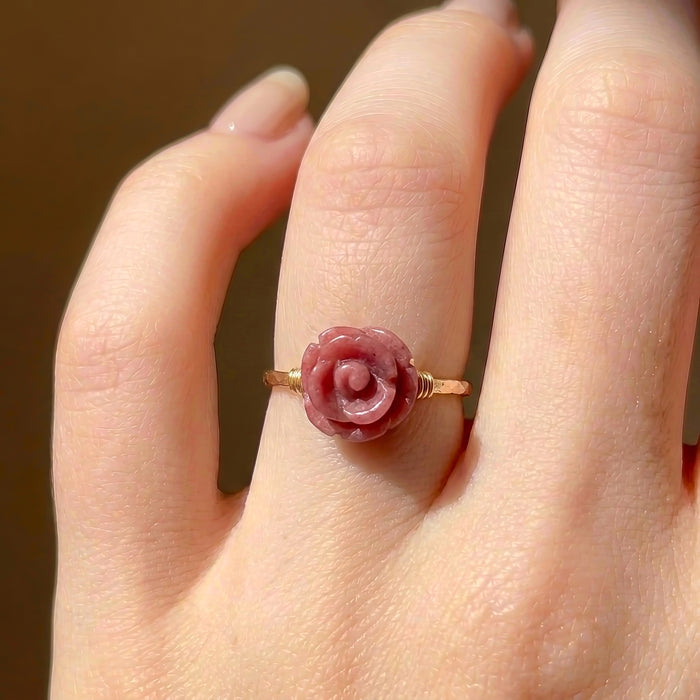 Carved pink crystal flower ring 14k gold filled on hand