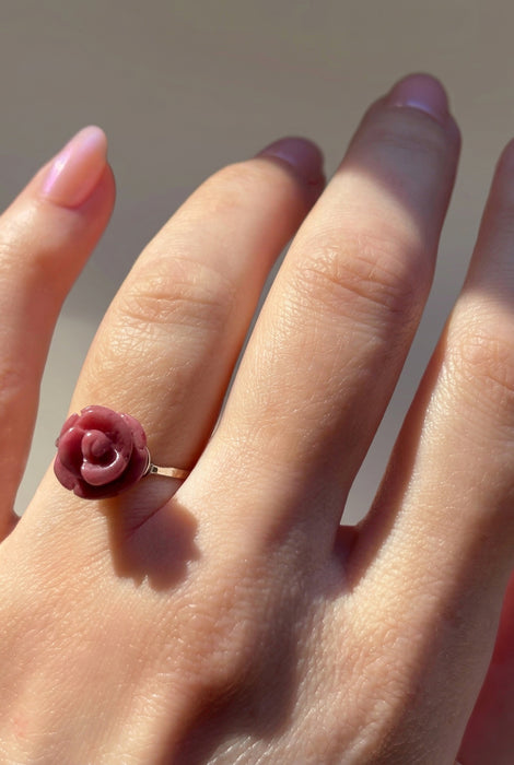 Carved pink crystal flower ring sterling silver on hand