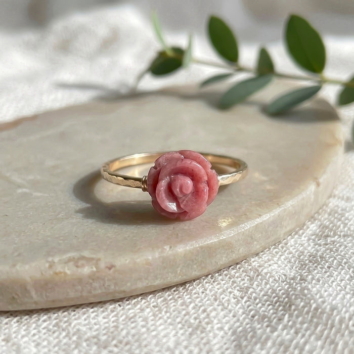 Gold Filled Carved Rhodochrosite Natural Crystal Pink Rose Ring