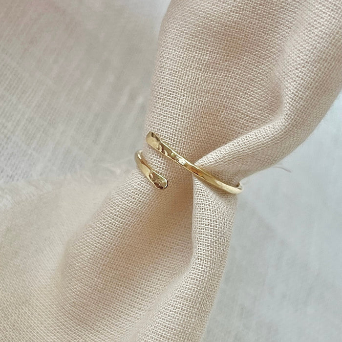 Bypass thumb ring open adjustable simple hammered ring gold filled on fabric