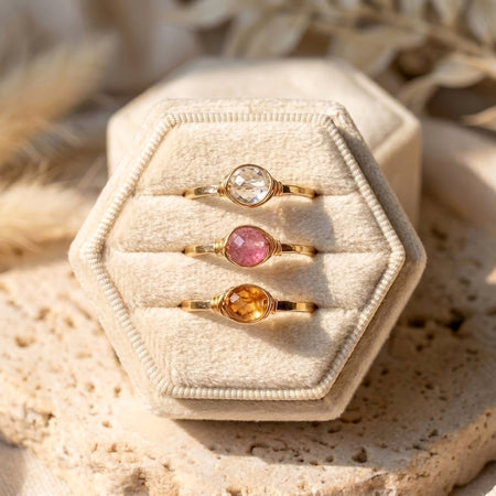 Dainty pink tourmaline stacking ring three piece set gold filled