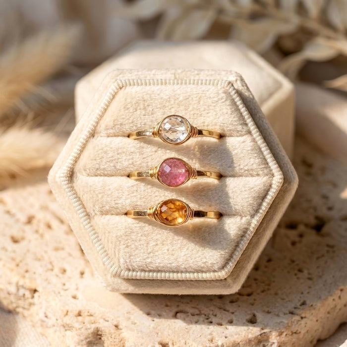 Dainty pink tourmaline stacking ring three piece set gold filled